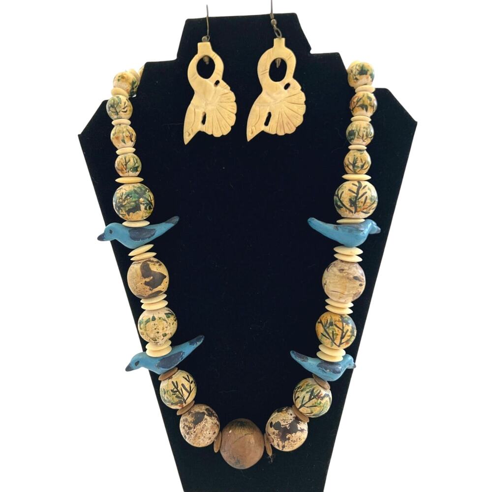 Chunky Ethnic Wood Blue Bird Fetish Bead Necklace Turquoise & Brown & Earrings - Picture 2 of 4